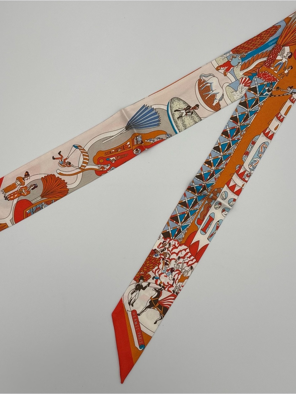 Hermes Splash Park Twilly Scarf Orange White Blue Multicolor Skinny Ribbon Wrap - Picture 1 of 6